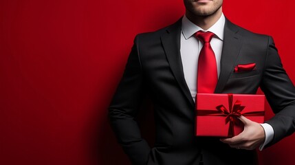 Man in black suit with red tie holding a red gift box, perfect for Christmas or corporate holiday themes