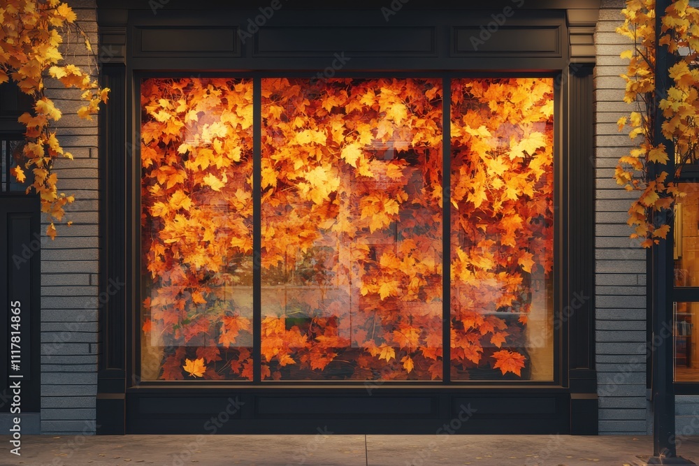 Poster a window display featuring a black frame and orange leaves. the leaves are arranged in a way that cr