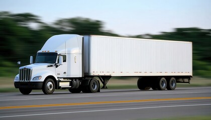 A large semi truck is driving down a road. The truck is white and has a trailer attached to it. The road is lined with trees and the sky is blue. Empty space for logo or text, mockup