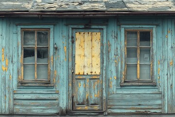 A simple blue building with two windows and a yellow door