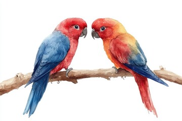 Obraz premium Two colorful parrots perched on a branch, showcasing vibrant plumage.
