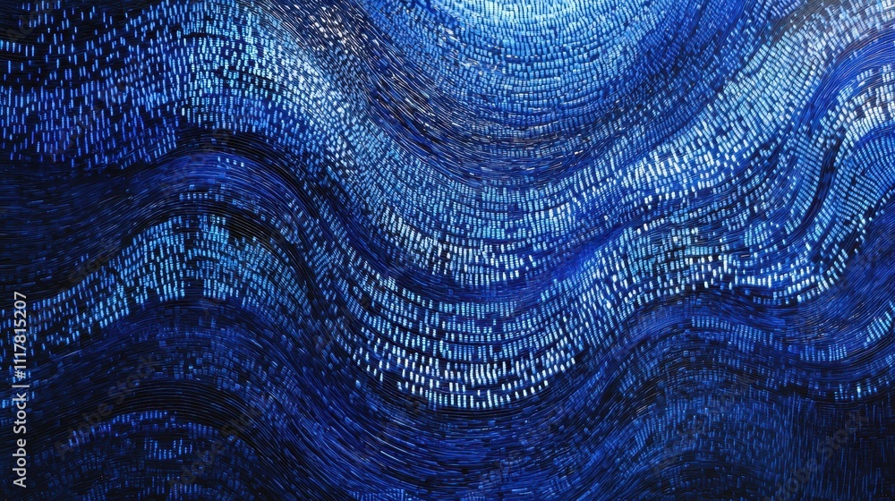 Poster flowing streams of light infused with binary patterns in deep blue tones