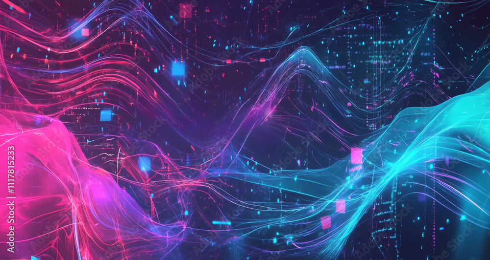 Poster colorful abstract digital waves with glowing particles in a dark space environment