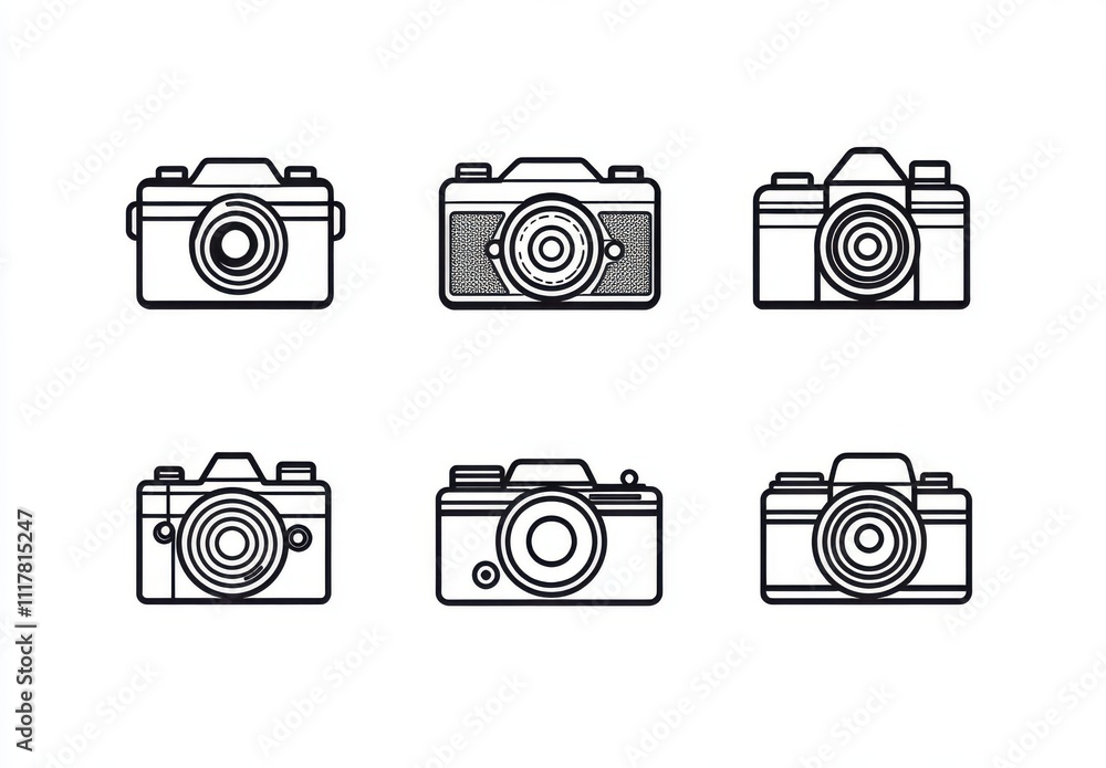 Poster a set of six different camera designs. each one has a unique look and feel. the first camera is a cl