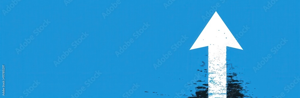 Poster a blue background with a white arrow pointing upwards. the arrow is blurry and has a pixelated appea