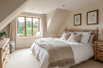 Cozy bedroom interior design featuring natural materials and neutral colors with a view of nature