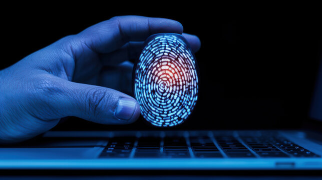 Close-up of a hand scanning a fingerprint reader on a laptop, a glowing digital fingerprint hovering above a laptop keyboard, symbolizing advanced security and identity verification.