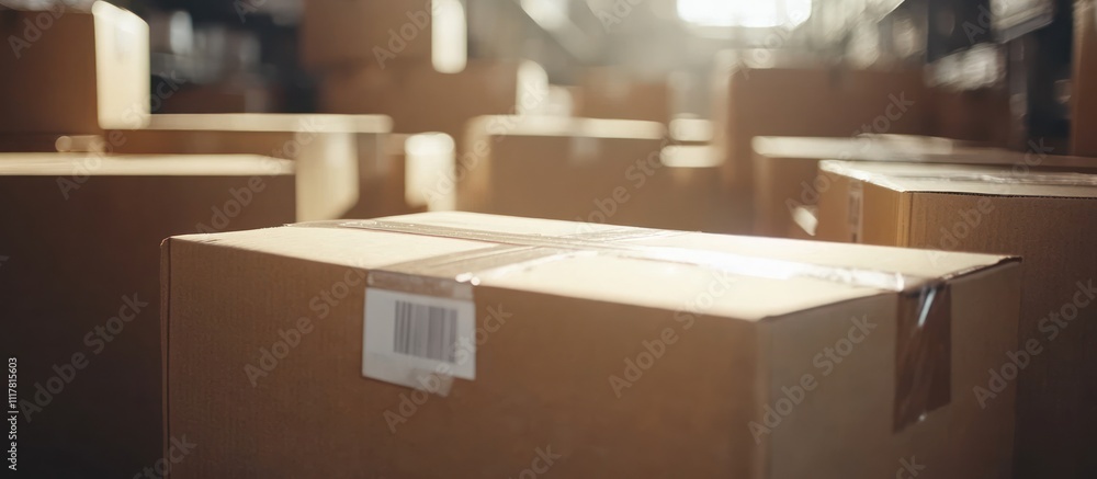 Poster a stack of cardboard boxes in a warehouse, with a bar code on the front of the box in the foreground