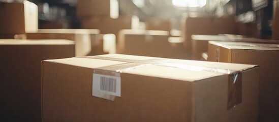 A stack of cardboard boxes in a warehouse, with a bar code on the front of the box in the foreground.