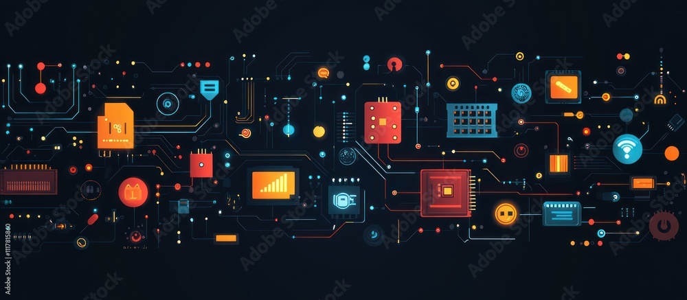 Poster abstract dark background with a complex circuitry pattern and icons.
