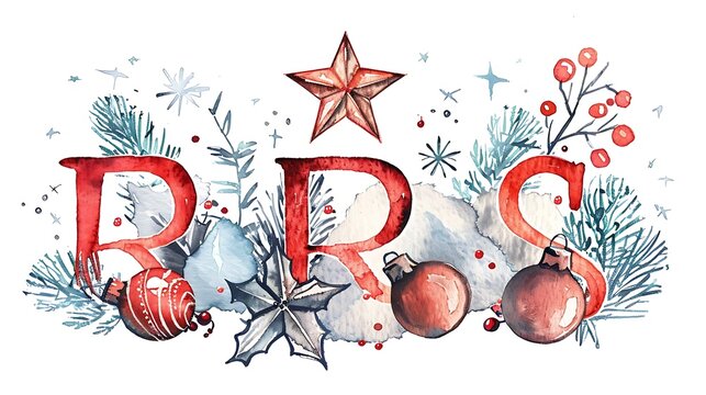 Watercolor Christmas illustration with "RRS" lettering, surrounded by festive elements like star, ornaments, holly, and pine branches.
