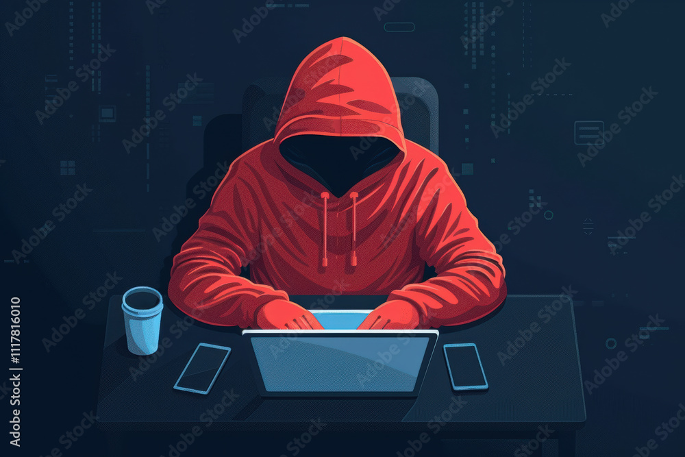 Poster hacker malware, a mysterious figure in a red hoodie typing on a laptop, surrounded by devices, repre