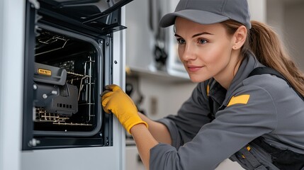 A young man wears a grey uniform while repairing an oven in a white kitchen, focusing on the task with an open oven behind him