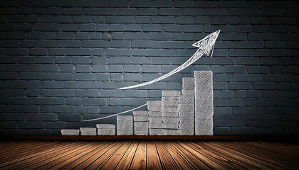 Obraz premium 暗いレンガの壁と、その前に階段の絵が描かれている。右肩あがりの矢印も書かれている。ステップアップのイメージ