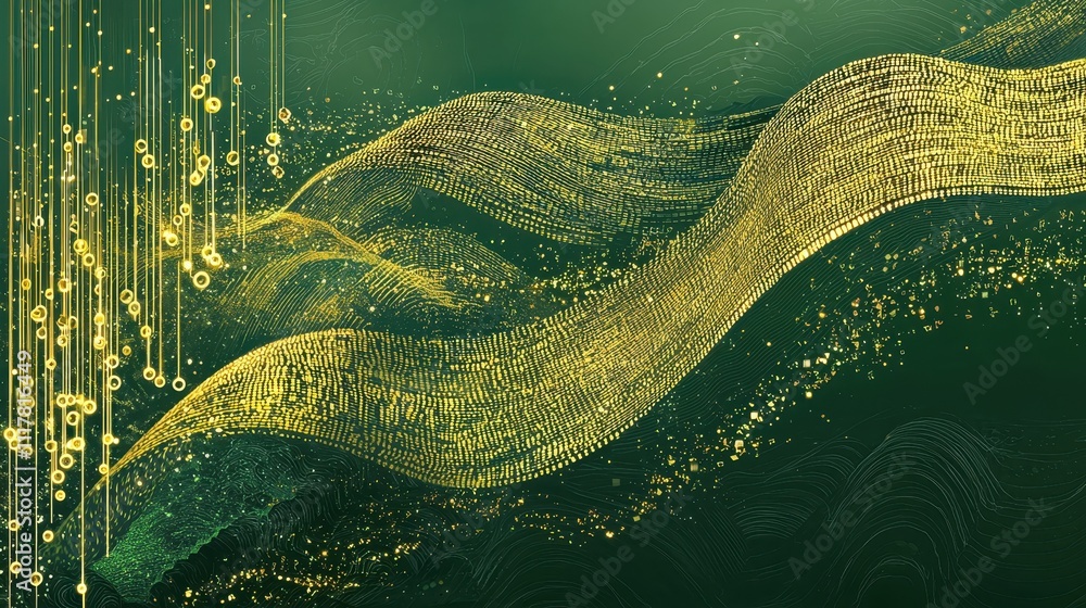 Poster flowing streams of light infused with binary patterns in a green digital landscape