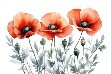 Obraz premium Three vibrant orange poppy flowers with green leaves and buds against a white background.