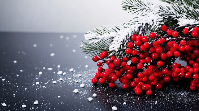 Snow-dusted red berries with evergreen branches on dark background, ideal for Christmas or winter decoration concepts