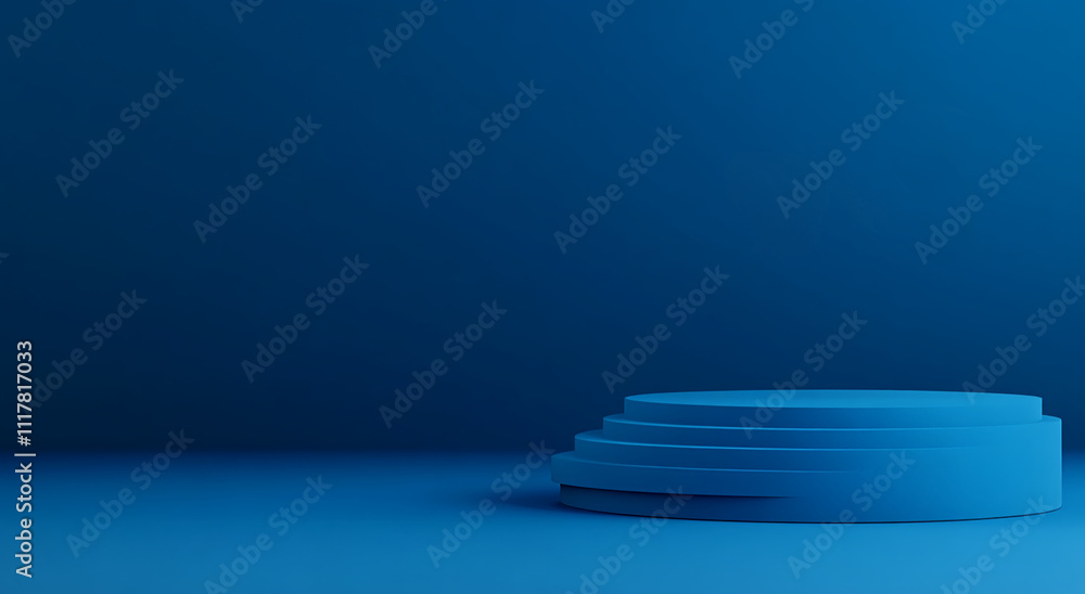 Poster Stunning blue circular platform with steps set against a matching solid background for creative displays