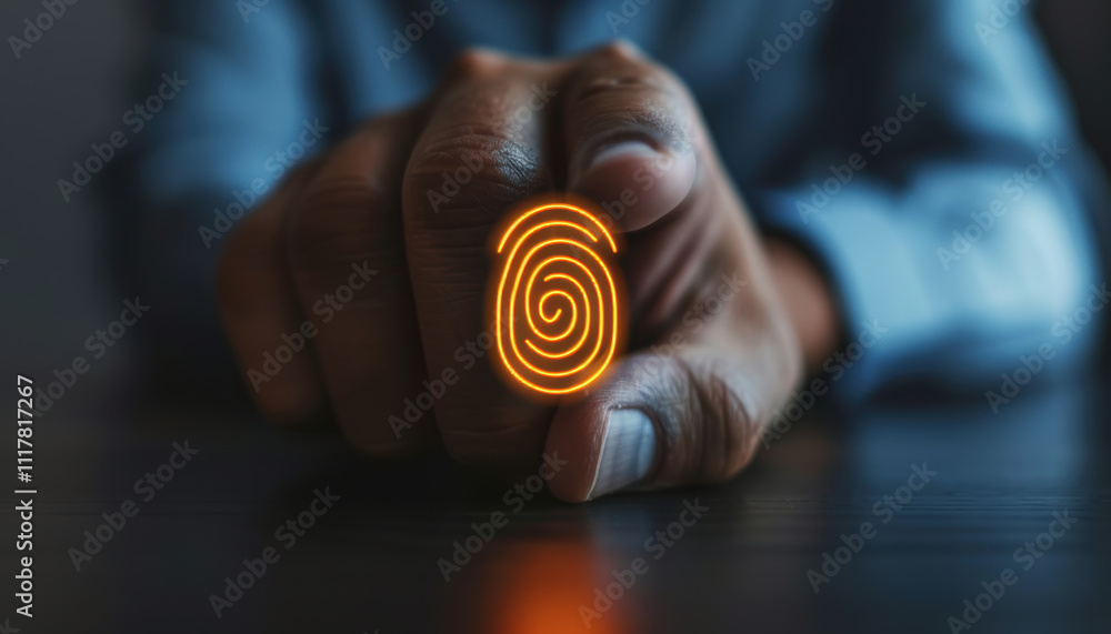 Poster a glowing fingerprint icon overlaid on a businessman, a close-up of a hand displaying a glowing fing