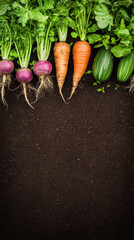 Freshly picked vegetables arranged on dark soil background