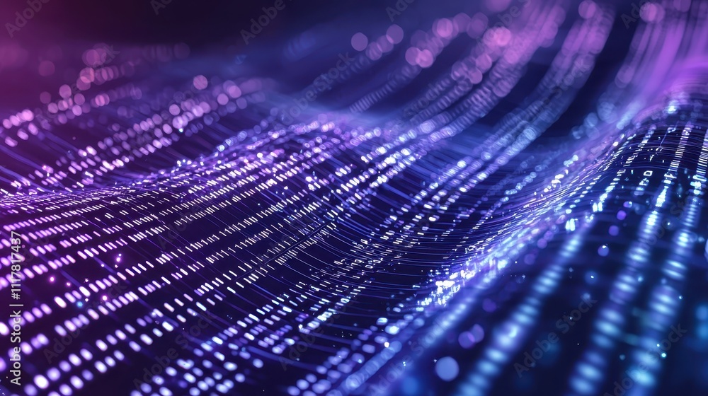 Poster flowing streams of light infused with binary patterns in abstract digital representation
