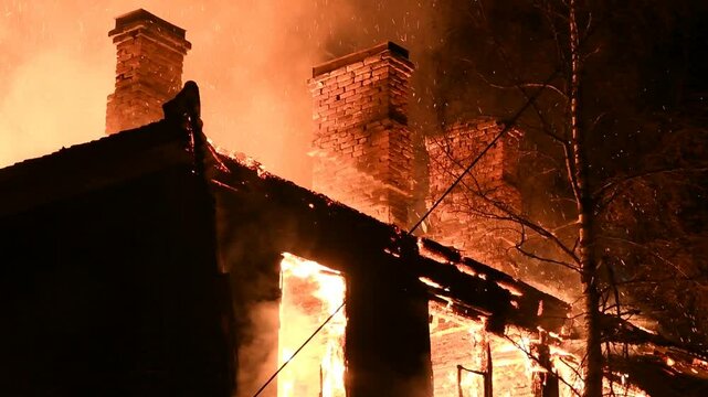 House is on fire at night, flames inside at home, burning windows. The wooden building is ablaze, completely engulfed in fire. Loss of housing, disaster, trouble for unhappy people.