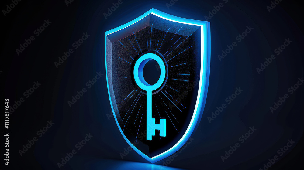 Poster a shield with a keyhole symbol, a futuristic shield with a glowing key symbolizing security and prot