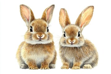 Obraz premium Two cute rabbits sitting side by side with fluffy fur and expressive eyes.