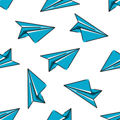 Vector flying paper airplanes seamless pattern design on white background. Planes Texture. Color print for packaging, boxes and wallpaper. Image of airplanes isolated on a white background.