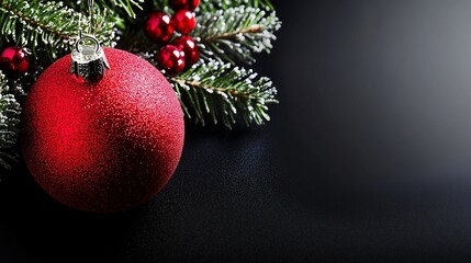 A glittering red ornament with frosted pine branches on a dark background, perfect for holiday-themed branding or festive marketing campaigns