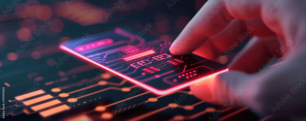 Aufkleber a digital access card being held in hand, a hand interacting with a glowing circuit card, representi