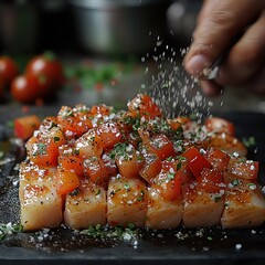 A beautifully plated dish of salmon topped with diced tomatoes and herbs, ready to be served.