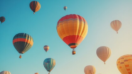 Fototapeta premium A vibrant array of hot air balloons float against a clear blue sky, illuminated by the warm glow of the morning sun.