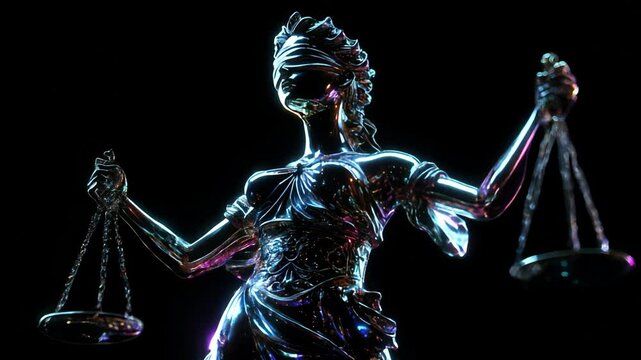 Lady justice statue rotates against a black background, holding the scales of justice. The figure symbolizes fairness and balance within the legal system, embodying principles of law and morality