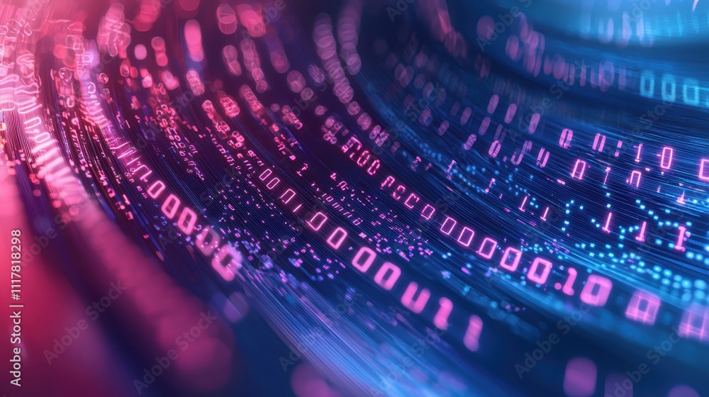 Poster flowing streams of light infused with binary patterns in vibrant colors