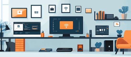 Modern home office workspace with a desk, a computer monitor, and a comfortable chair.