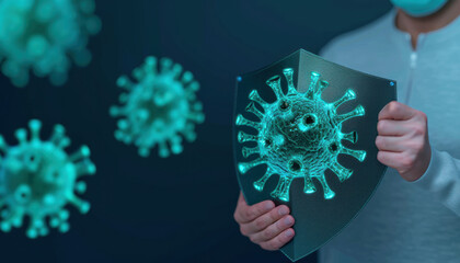 a person holding a shield while blocking glowing virus symbols, A person holding a shield against a virus, symbolizing protection and safety in a healthcare crisis.