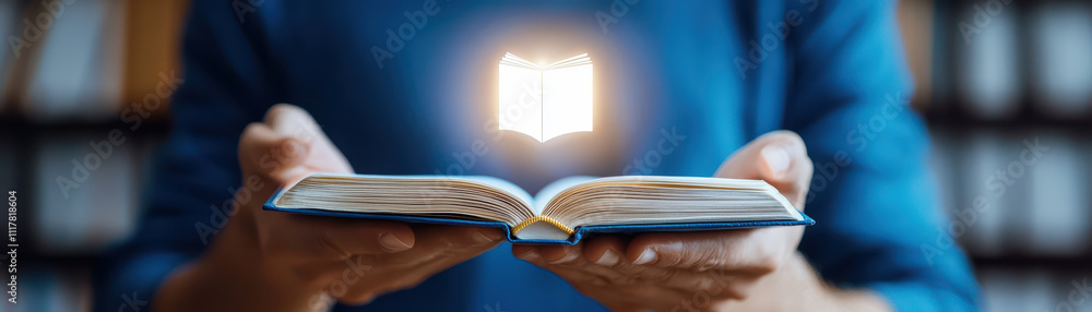 Poster open book held in hands with glowing book icon above it, symbolizing knowledge and learning. backgro