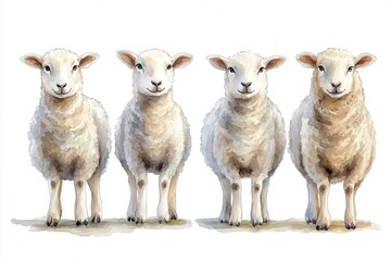 Fototapeta premium Four cartoon sheep standing in a row, showcasing a playful and friendly design.