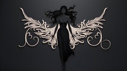 Elegant woman silhouette with ornate wings on dark background.