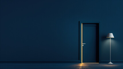 an open door glowing with warm light, A stylish interior featuring a partially open door with warm light and a sleek floor lamp illuminating a dark room.