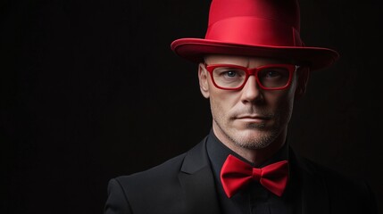 Man in a black suit with red hat, glasses, and bow tie, symbolizing bold Christmas style and modern elegance