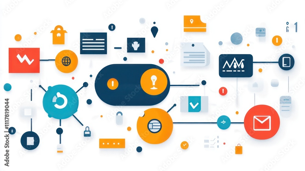 Poster abstract illustration of a complex network with icons and lines representing data flow, connections,