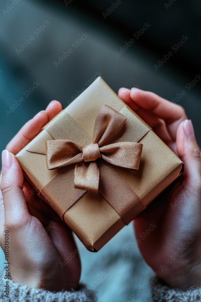 Poster a person carrying a brown box with a brown bow, suitable for use in a delivery or package scene