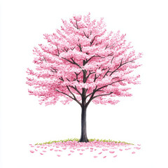 Obraz premium beautiful watercolor of blooming cherry tree with vibrant pink flowers and scattered petals on ground, evoking sense of tranquility and springtime joy