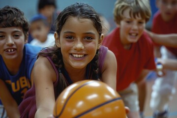 Children engaged in a fun basketball activity, smiling and playing.