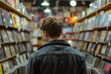 Person look vinyl records in retro music store, surrounded by various music genres classic CDs tapes vintage musical instruments, Generative AI