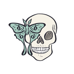 Hand drawn human skull with luna moth in the eye isolated on white background. Monochrome skeleton head with butterfly desig