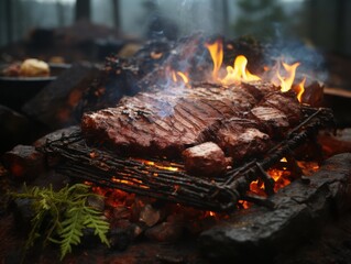 Traditional native american earth pit cooking underground method for smoking whole beef cultural heritage forest setting culinary artistry