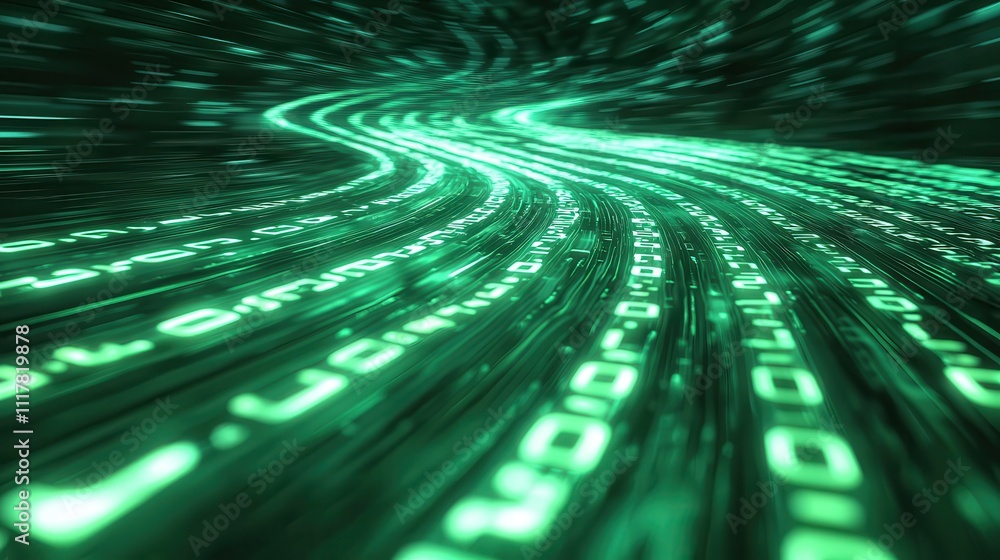 Poster flowing streams of light infused with binary patterns in green tones